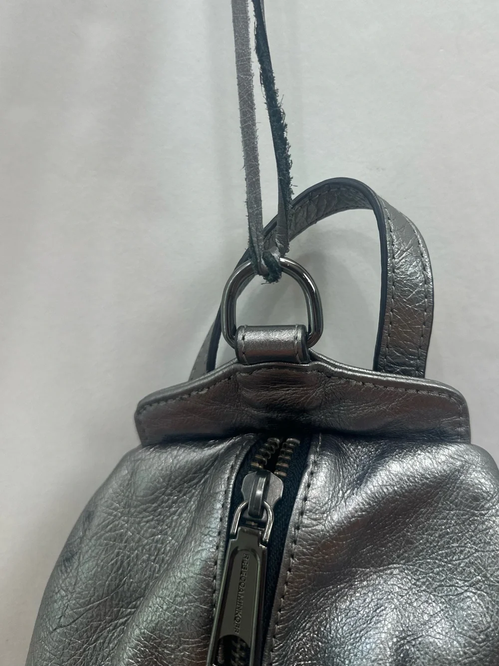 Rebecca Minkoff Mini Julian Silver Metallic Leather Backpack Sling Bag